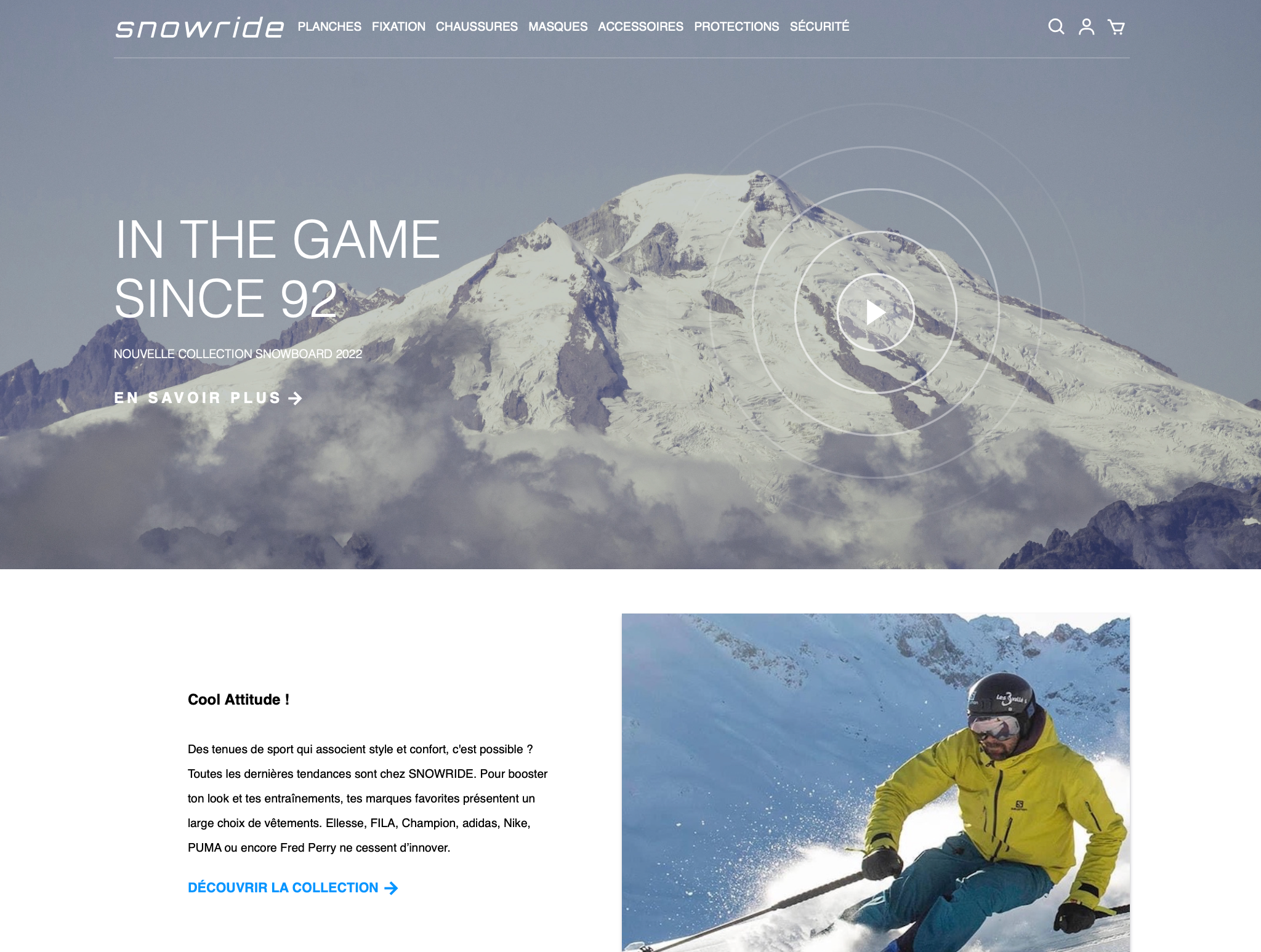 capture d'écran d'un site de vente de matériel de ski